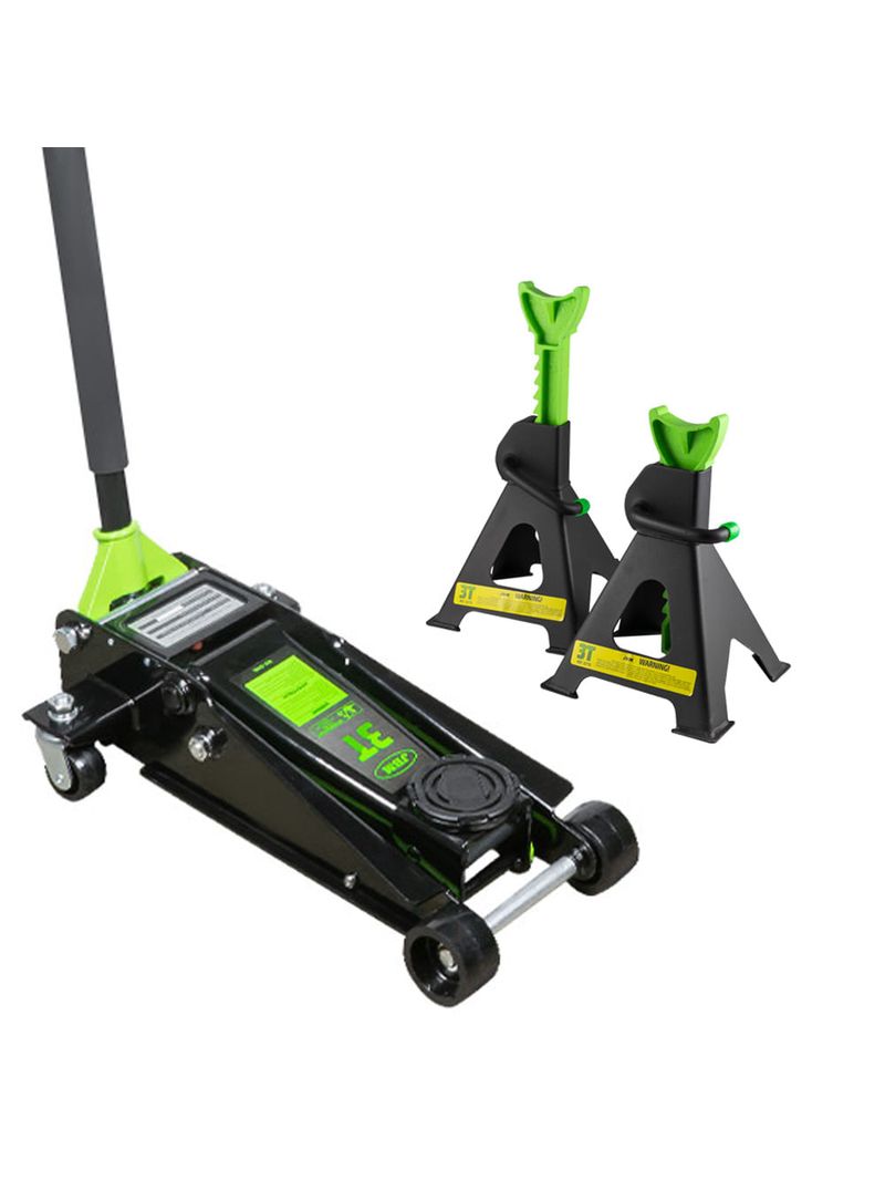 Set Gata Hidráulica Tipo Caimán (Doble Bomba) 3 Toneladas + Kit Banquillos 3 Toneladas