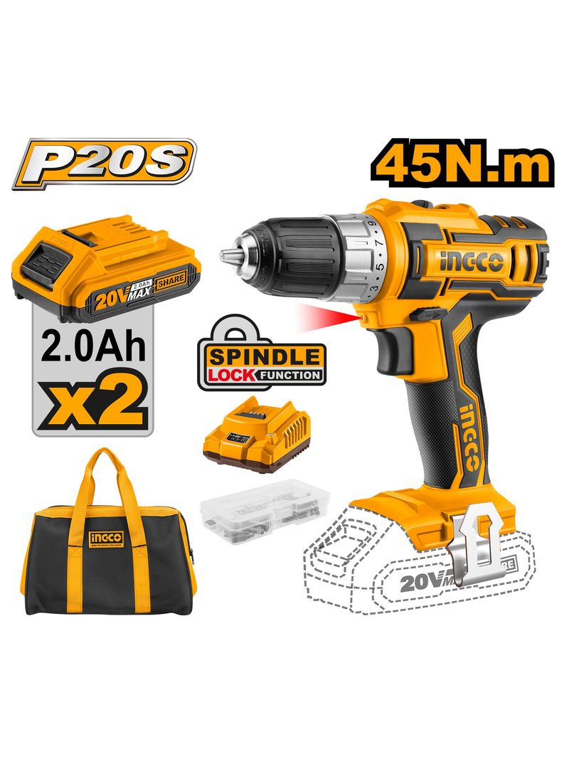 Taladro Inalámbrico 20V 3/8" Ingco CDLI2002 – 2 Baterías